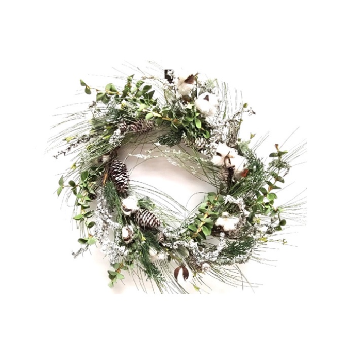 SNOWY WINTERGREEN WREATH W/COTTON / 22"