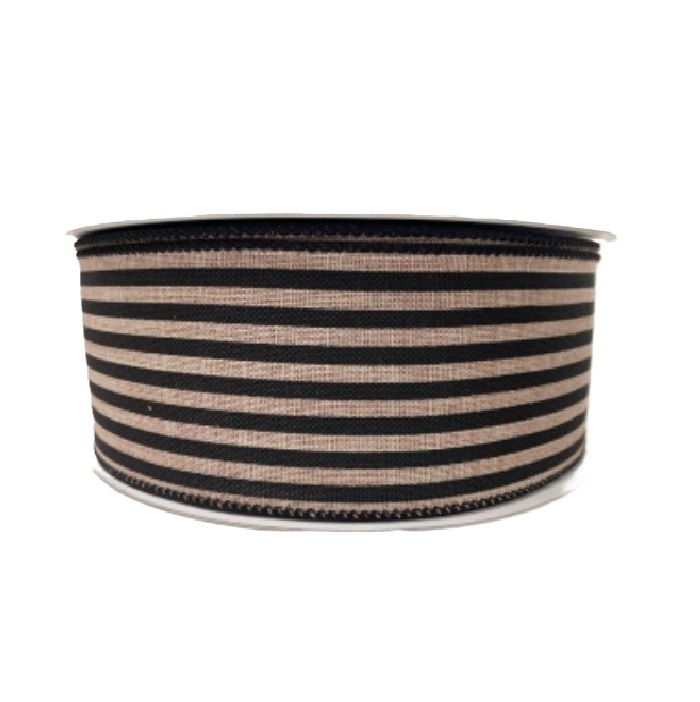 NATURAL LINEN BLACK CABANA STRIPES / 50 yds