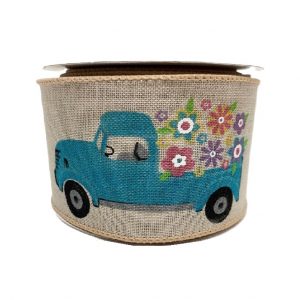 TAN LINEN BLUE TRUCK FLOWERS /10YD