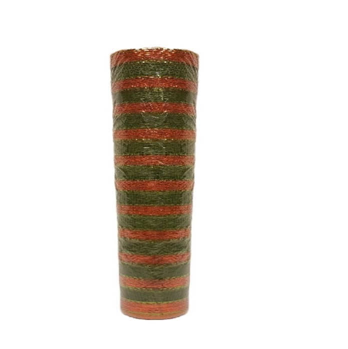 XB917-08 DECOR MESH GREEN W/ORANGE METALLIC STRIPE  21"X10YD