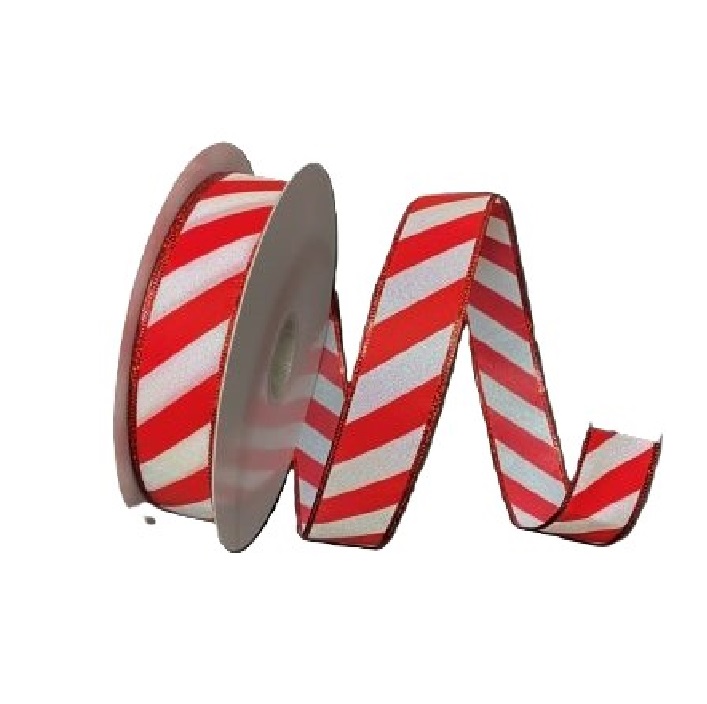 WHITE GLITTER SATIN RED CANDY CANE STRIPES/1.5"