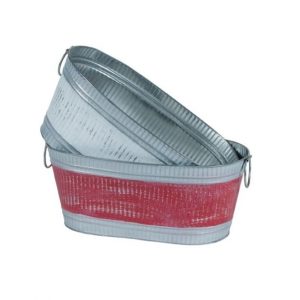 RED/WHITE OVAL METAL PLANTER 13"