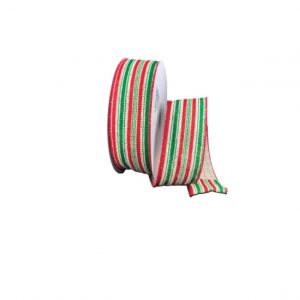 WHITE BURLAP W/ GREEN & RED STRIPES/1.5"