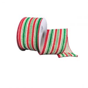 WHITE BURLAP W/ GREEN & RED STRIPES/2.5"