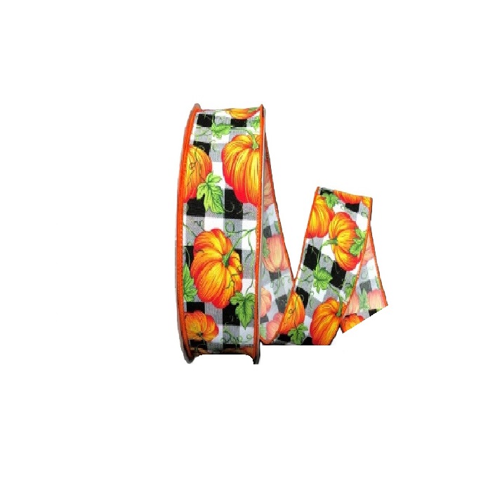 BLACK/WHITE BUFFALO PLAID W/PUMPKINS/1.5"