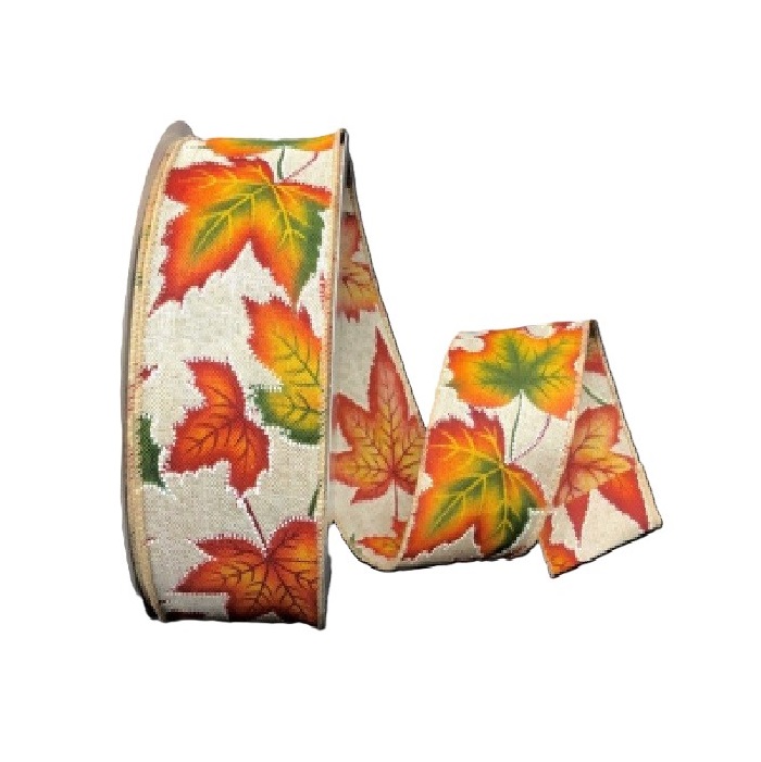 NATURAL LINEN/FALL DOTTED LEAVES/2.5"