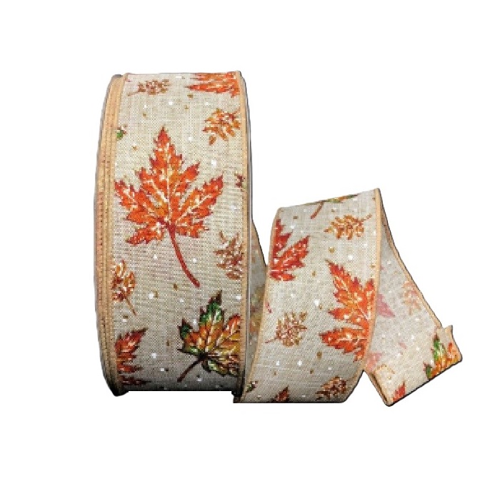 NATURAL LINEN/LEAVES-GLITTER DOTS / 2.5"