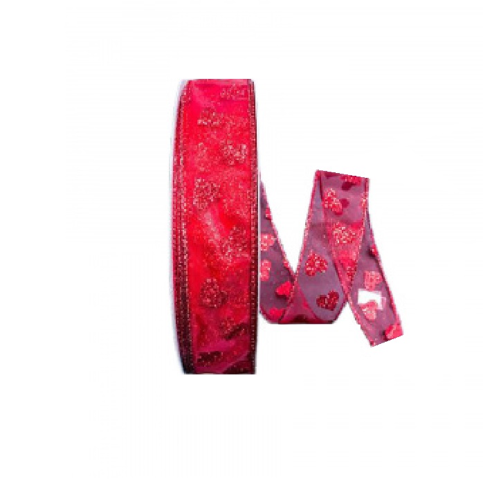 RED SHEER W/GLITTER HEARTS/50YDS