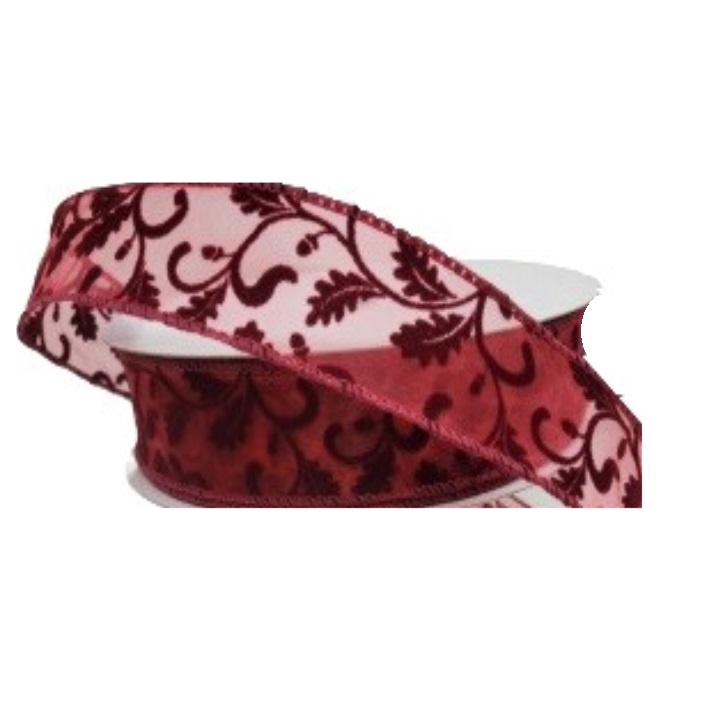 DARK RED BURGUNDY SHEER/FLOCKED SWIRLS/1.5"