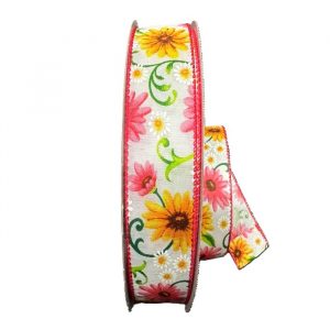 WHITE/PINK DAISY RIBBON/1.5"