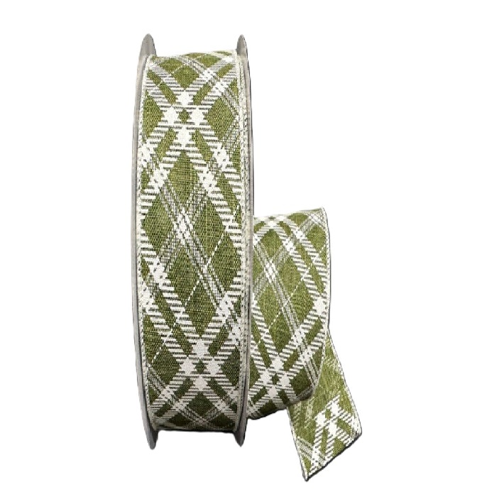 MOSS/CREME DIAGONAL PLAID RIBBON /1.5"