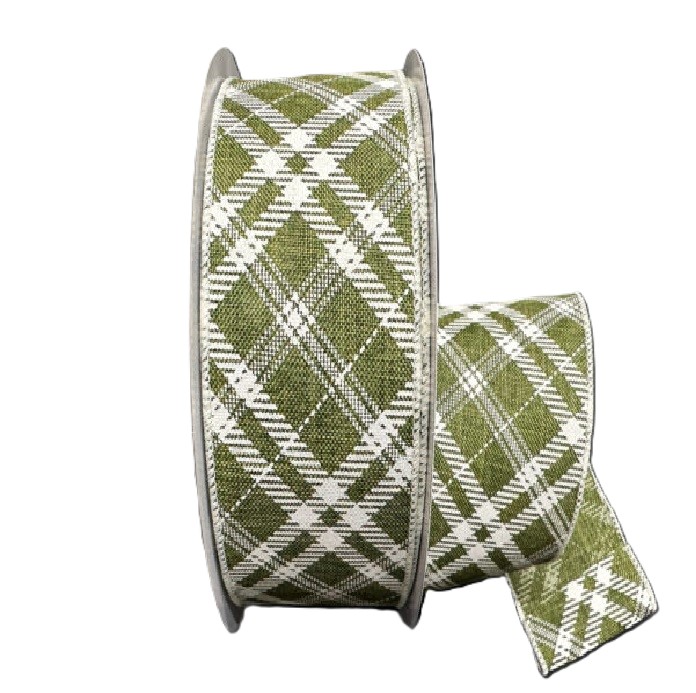 MOSS CREME DIAGONAL PLAID RIBBON /2.5"