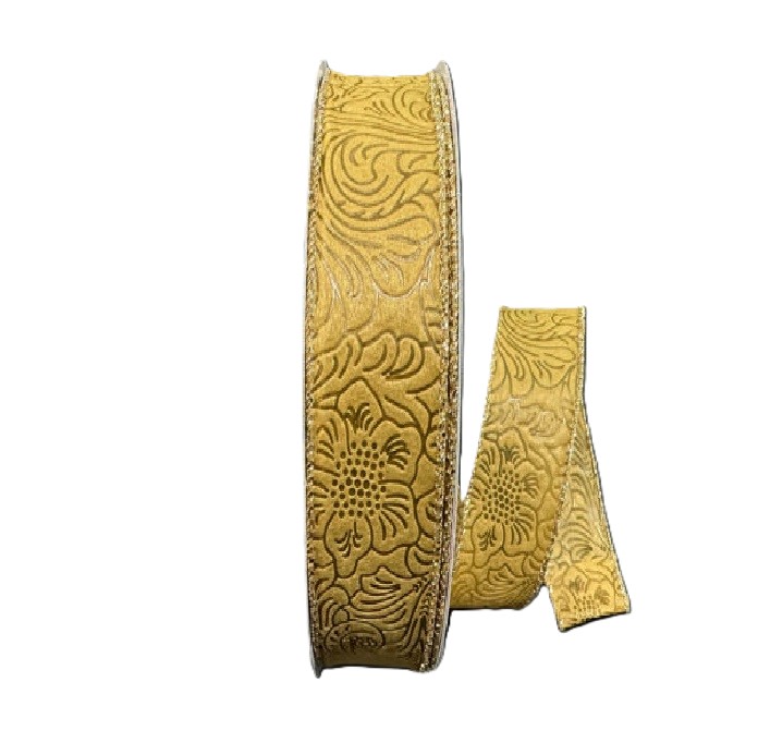 TAN FLOWER EMBOSSED RIBBON /GOLD METALIC EDGE/1.5"
