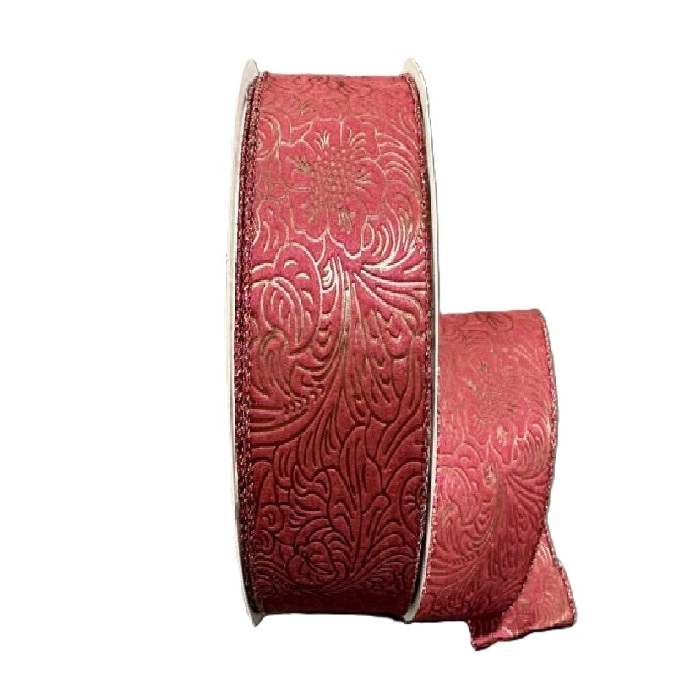 BURGUNDY FLOWER EMBOSSED RIBBON/METALIC EDGE/2.5"