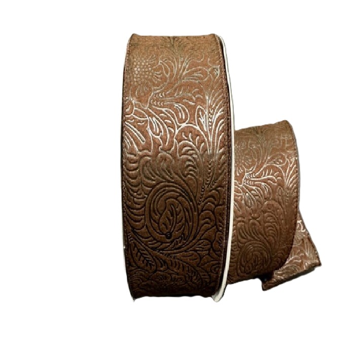 BROWN FLOWER EMBOSSED RIBBON/2.5"