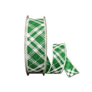 EMERALD WHITE DIAGONAL PLAID RIBBON / 1.5"