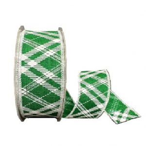 EMERALD WHITE DIAGONAL PLAID RIBBON / 2.5"