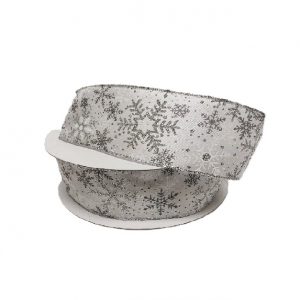 WHITE SATIN/GRAY-WHITE-SILVER GLITTER SNOWFLAKES / 50yd