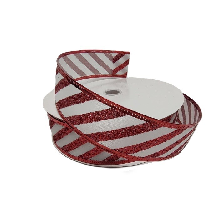 WHITE SATIN GLITTER CANDY CANE STRIPES 50yd