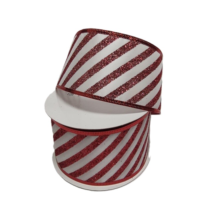 WHITE SATIN GLITTER CANDY CANE STRIPES 50yd